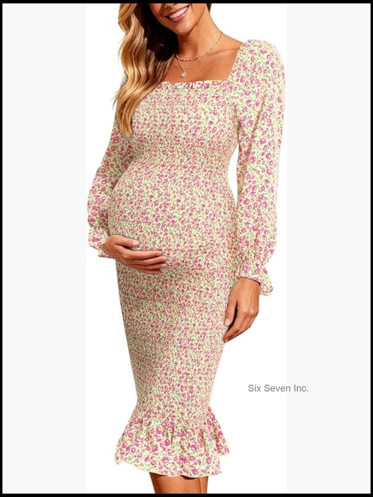 Maternity Bodycon Midi Dress With Long Puff Sleeves And Smocked Design